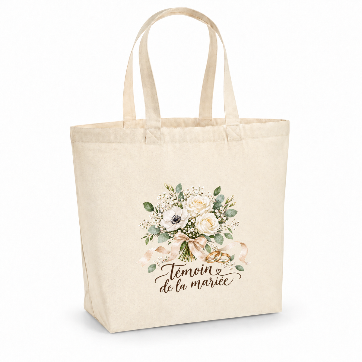 Tote bag témoin de mariage « Témoin de la mariée » Premium, cabas à soufflet en coton naturel 200 g/m² de 18 litres, illustration à l'aquarelle d'un bouquet de roses blanches et de deux alliances dorées