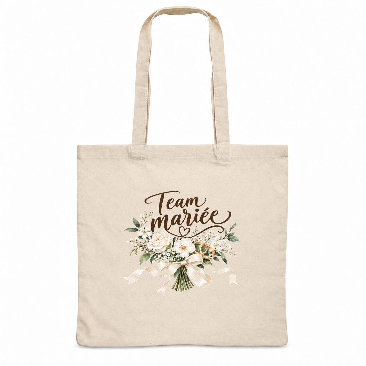 Tote bag EVJF « Team mariée » Essentiel, sac plat en coton naturel 140 g/m² de 38 × 42 cm, illustration à l'aquarelle d'un bouquet de fleurs blanches et de deux alliances