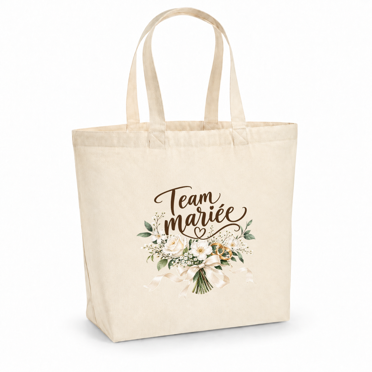 Tote bag EVJF « Team mariée » Premium, cabas à soufflet en coton naturel 200 g/m² de 18 litres, illustration à l'aquarelle d'un bouquet de fleurs blanches et de deux alliances