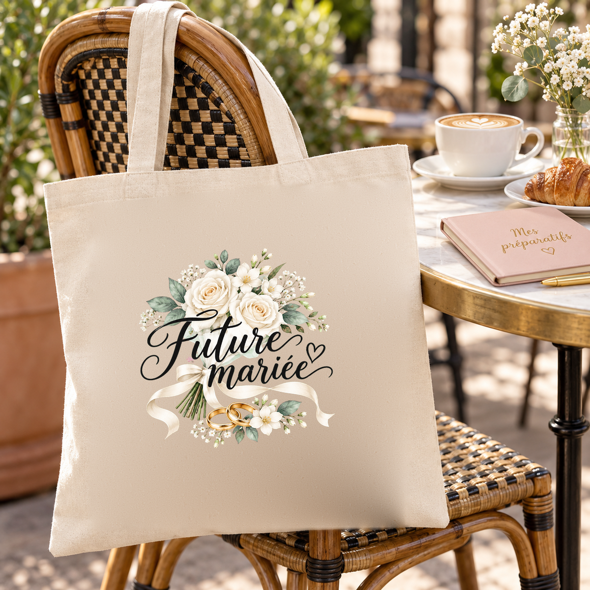 Tote bag mariage « Future mariée » Essentiel suspendu à une chaise de terrasse en rotin, à côté d'un café et d'un carnet de préparatifs