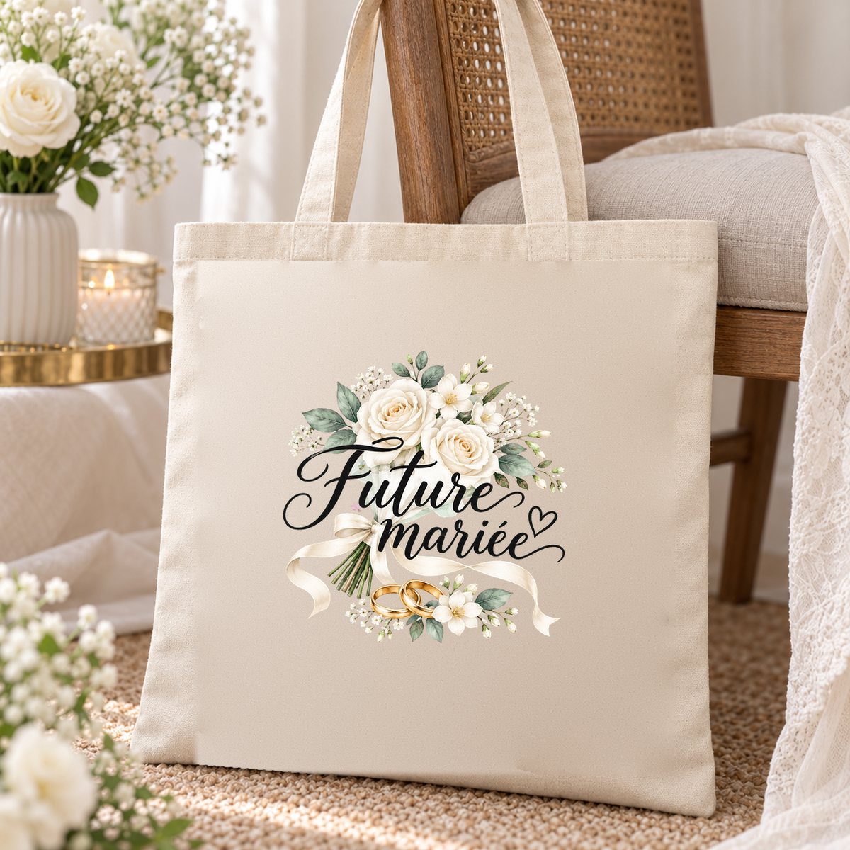 Tote bag mariage « Future mariée » Essentiel posé contre une chaise dans un coin boudoir, à côté de roses blanches et d'une bougie