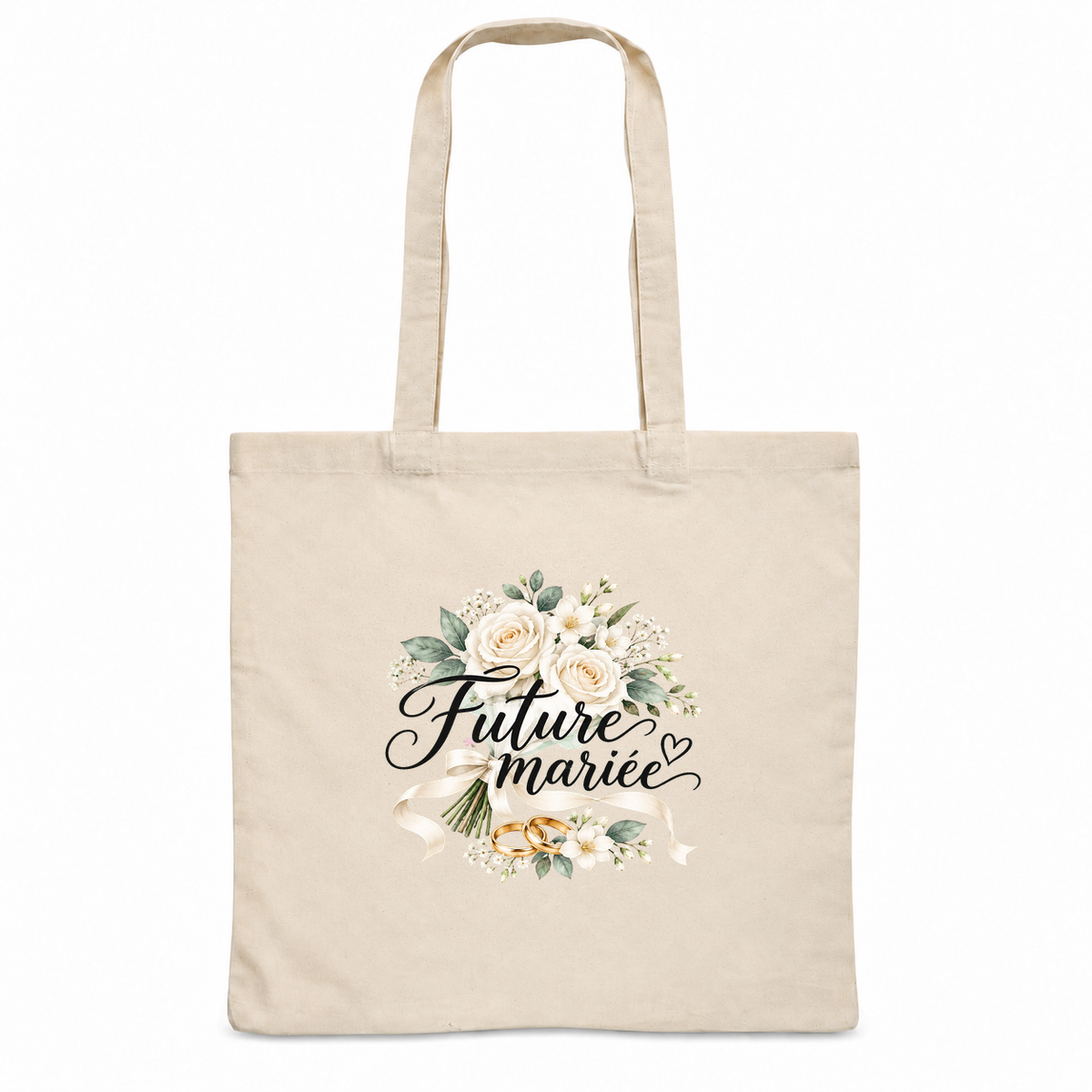 Tote bag mariage « Future mariée » Essentiel, sac plat en coton naturel 140 g/m² de 38 × 42 cm, illustration à l'aquarelle d'un bouquet de roses blanches et d'alliances dorées