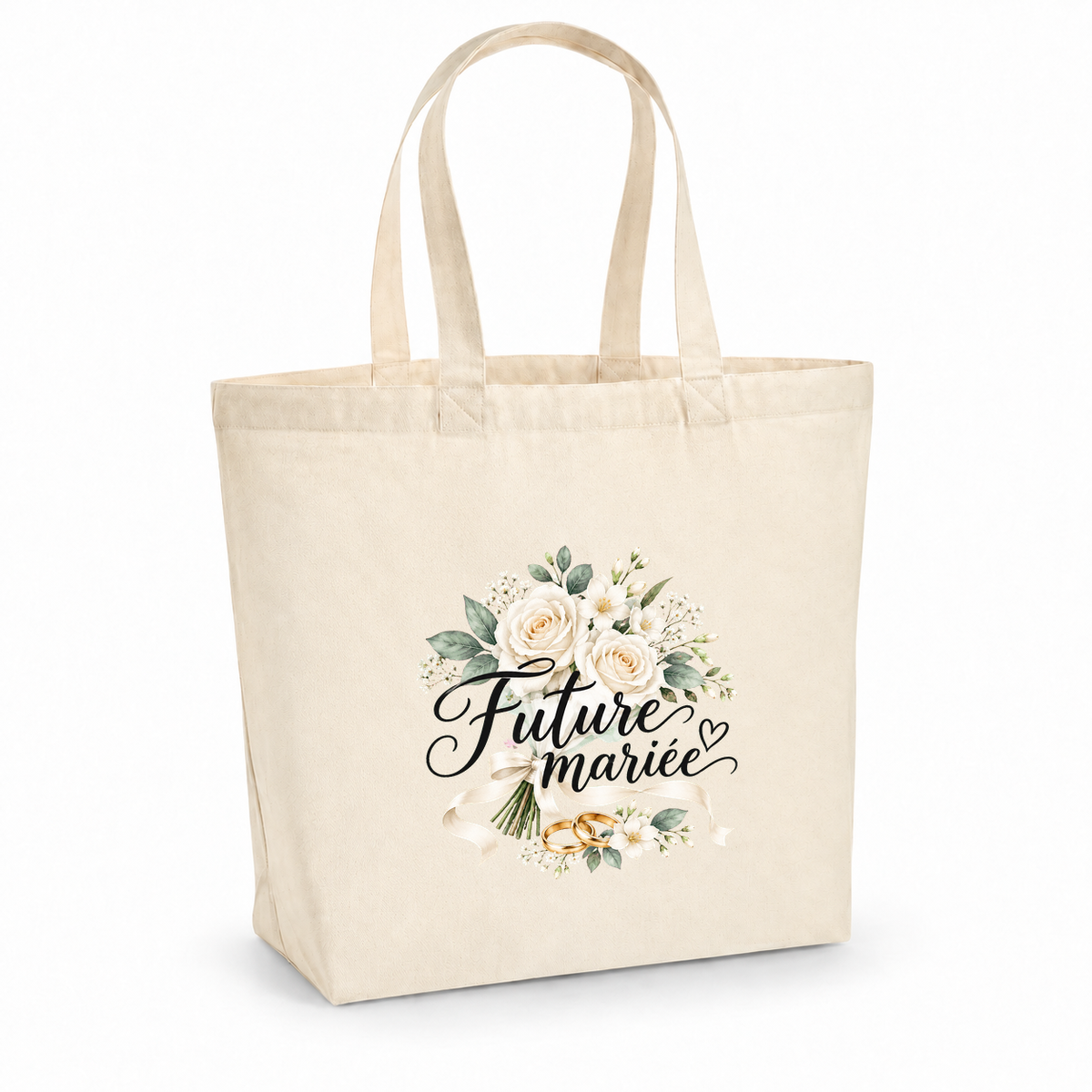 Tote bag mariage « Future mariée » Premium, cabas à soufflet en coton naturel 200 g/m² de 18 litres, illustration à l'aquarelle d'un bouquet de roses blanches et d'alliances dorées
