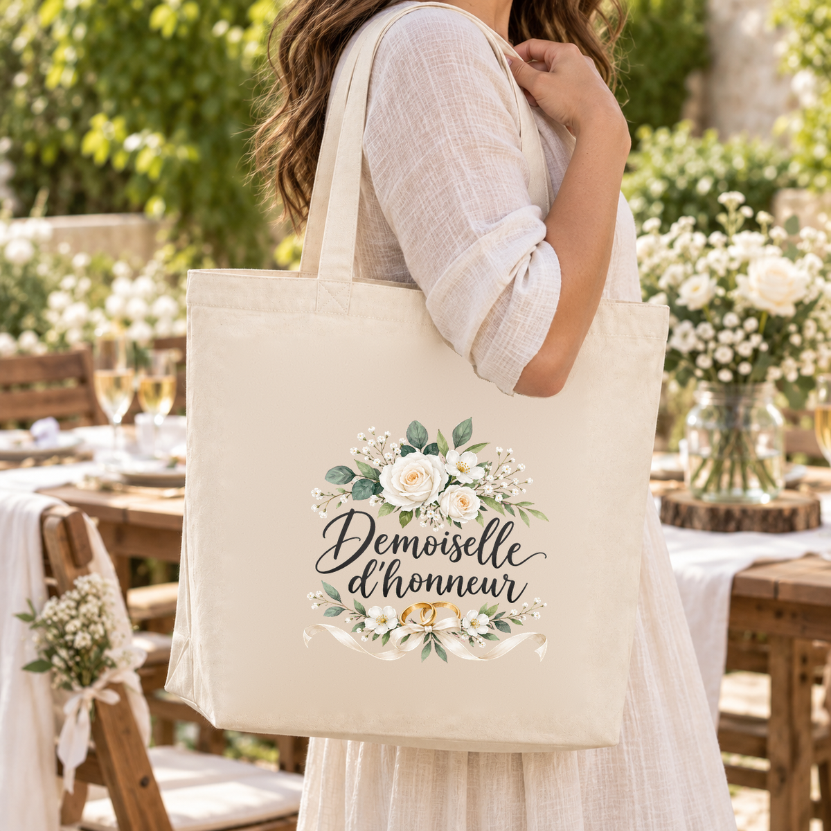 Tote bag demoiselle d'honneur « Demoiselle d'honneur » Premium porté à l'épaule lors d'une réception de mariage dans un jardin