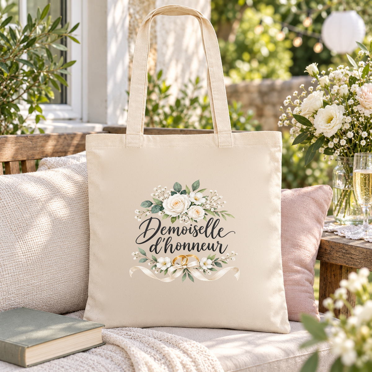 Tote bag demoiselle d'honneur « Demoiselle d'honneur » Essentiel posé sur une banquette près d'une fenêtre ouverte sur le jardin, à côté d'un bouquet blanc