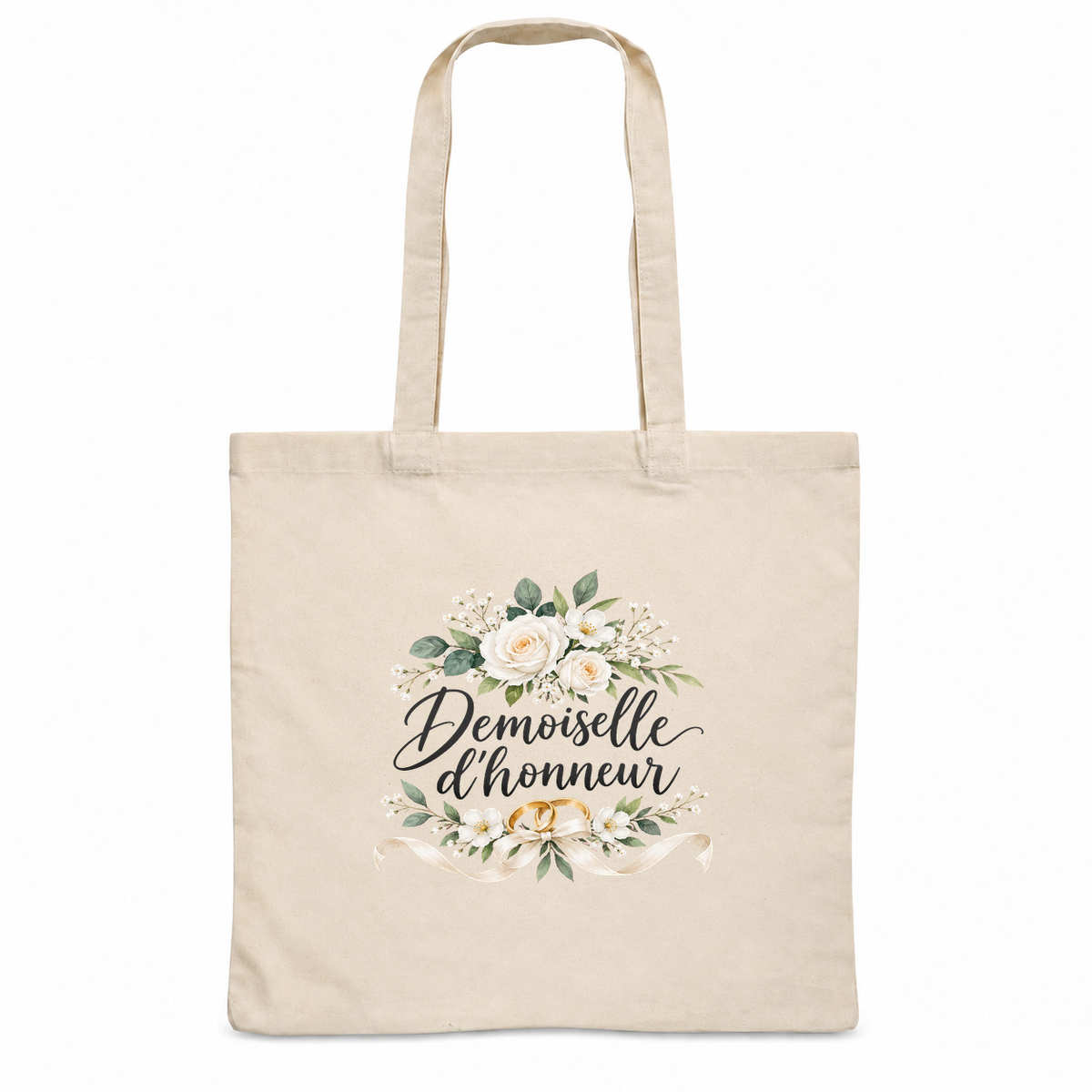 Tote bag demoiselle d'honneur « Demoiselle d'honneur » Essentiel, sac plat en coton naturel 140 g/m² de 38 × 42 cm, illustration à l'aquarelle d'un bouquet de roses blanches et de deux alliances dorées