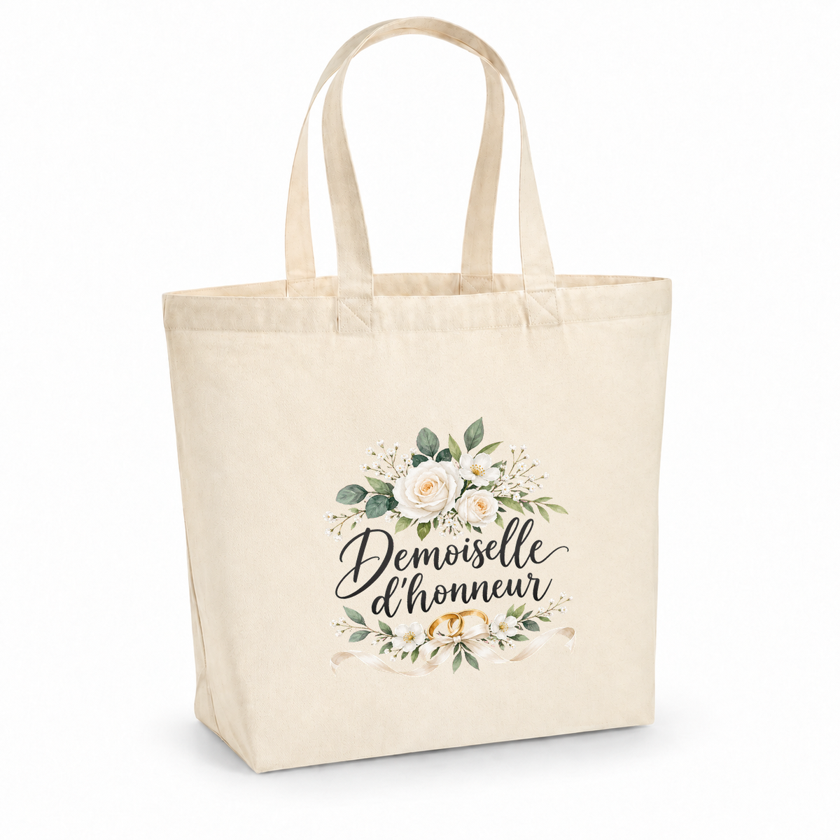 Tote bag demoiselle d'honneur « Demoiselle d'honneur » Premium, cabas à soufflet en coton naturel 200 g/m² de 18 litres, illustration à l'aquarelle d'un bouquet de roses blanches et de deux alliances dorées