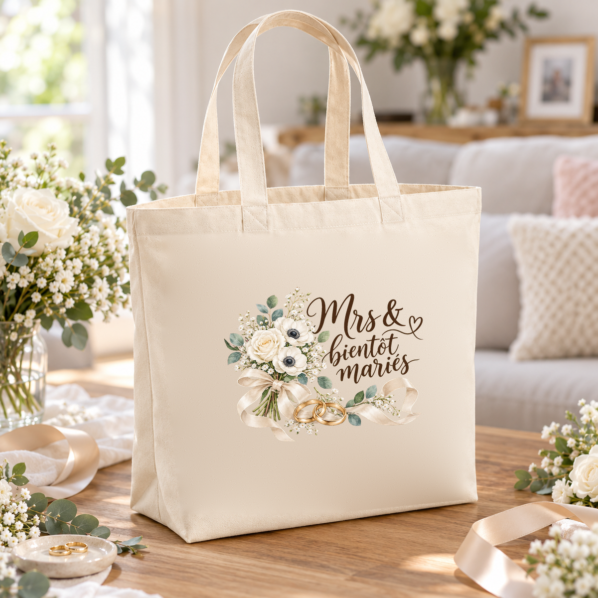 Tote bag mariage « Mrs & bientôt mariés » Premium posé sur une table en bois, à côté d'un bouquet de roses blanches et de rubans ivoire