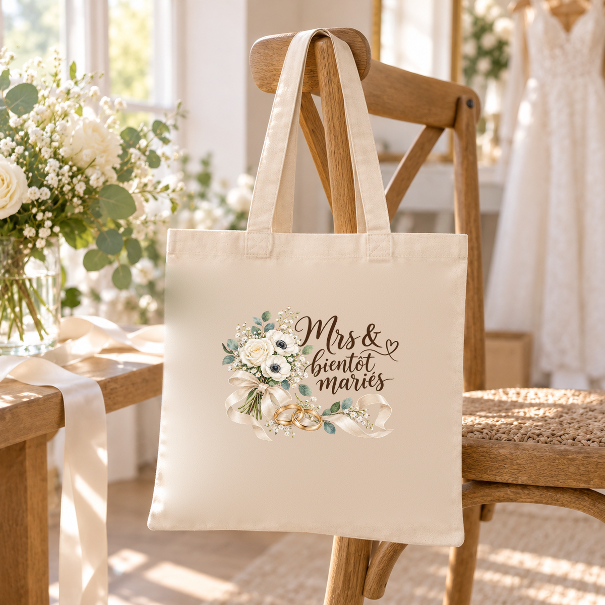 Tote bag mariage « Mrs & bientôt mariés » Essentiel suspendu à une chaise en bois, à côté d'un bouquet de fleurs blanches