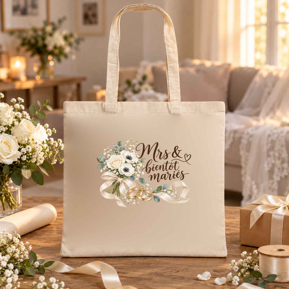 Tote bag mariage « Mrs & bientôt mariés » Essentiel posé sur une table de salon à la lumière du soir, à côté d'un cadeau et de rubans ivoire
