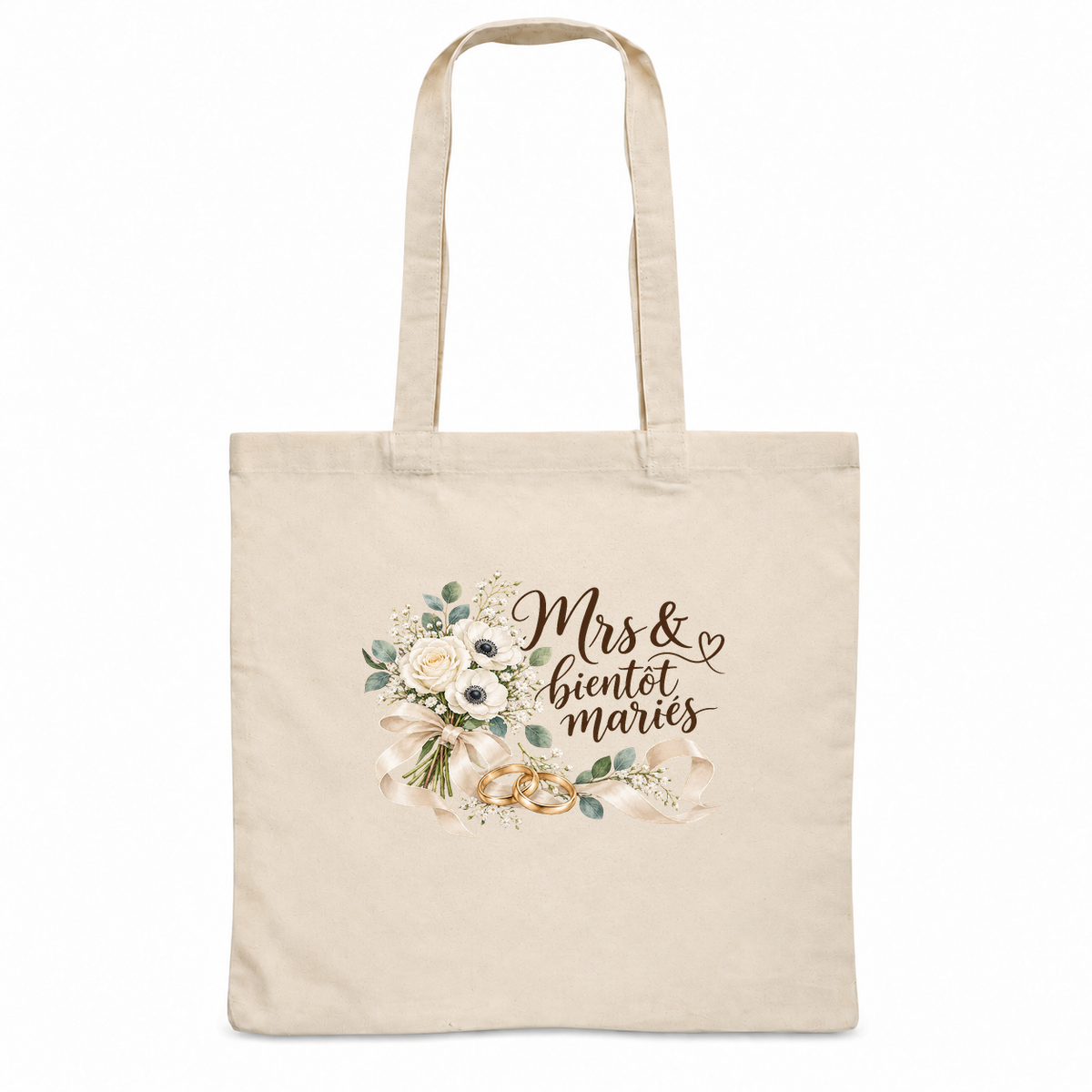 Tote bag mariage « Mrs & bientôt mariés » Essentiel, sac plat en coton naturel 140 g/m² de 38 × 42 cm, illustration à l'aquarelle d'un bouquet de roses blanches et de deux alliances dorées
