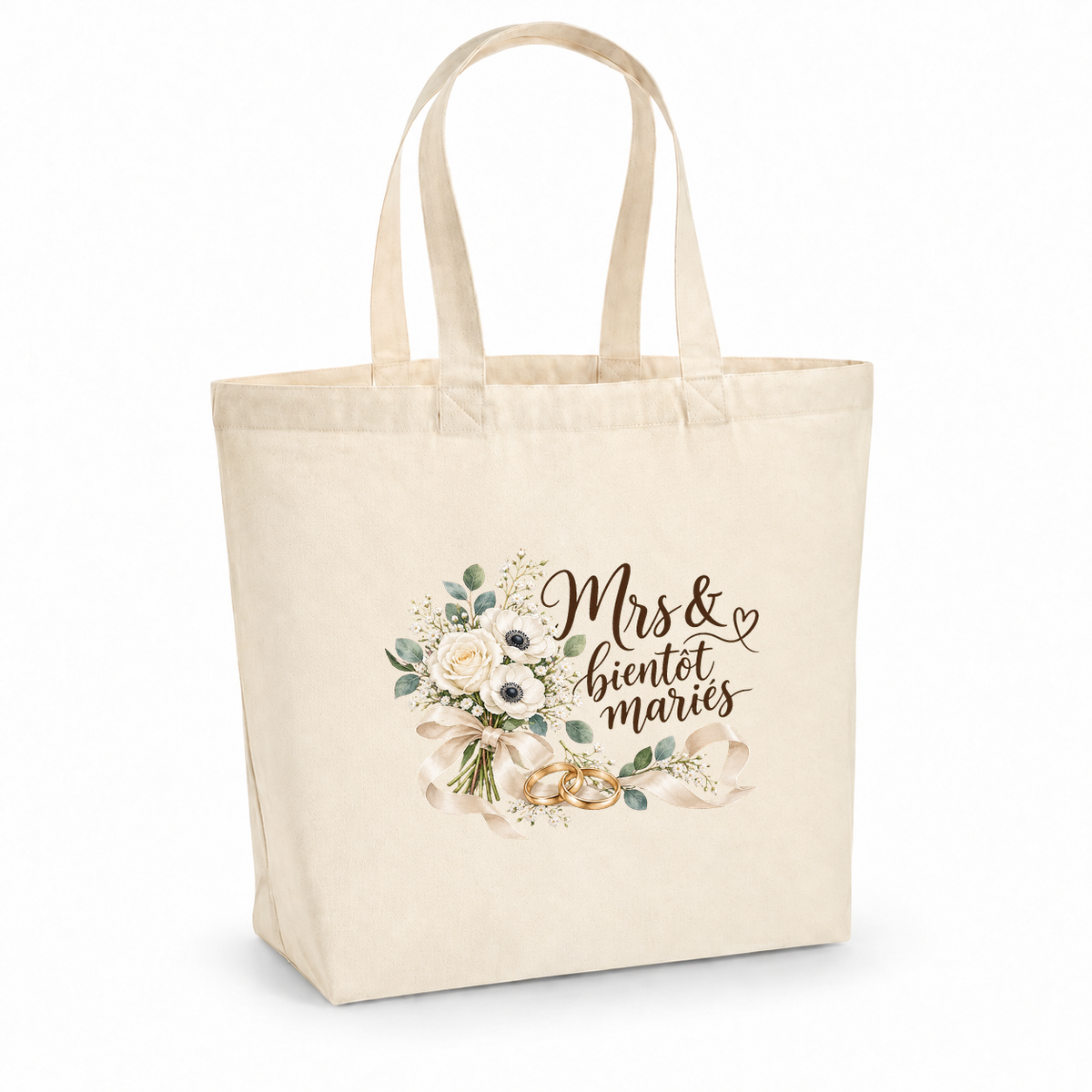Tote bag mariage « Mrs & bientôt mariés » Premium, cabas à soufflet en coton naturel 200 g/m² de 18 litres, illustration à l'aquarelle d'un bouquet de roses blanches et de deux alliances dorées