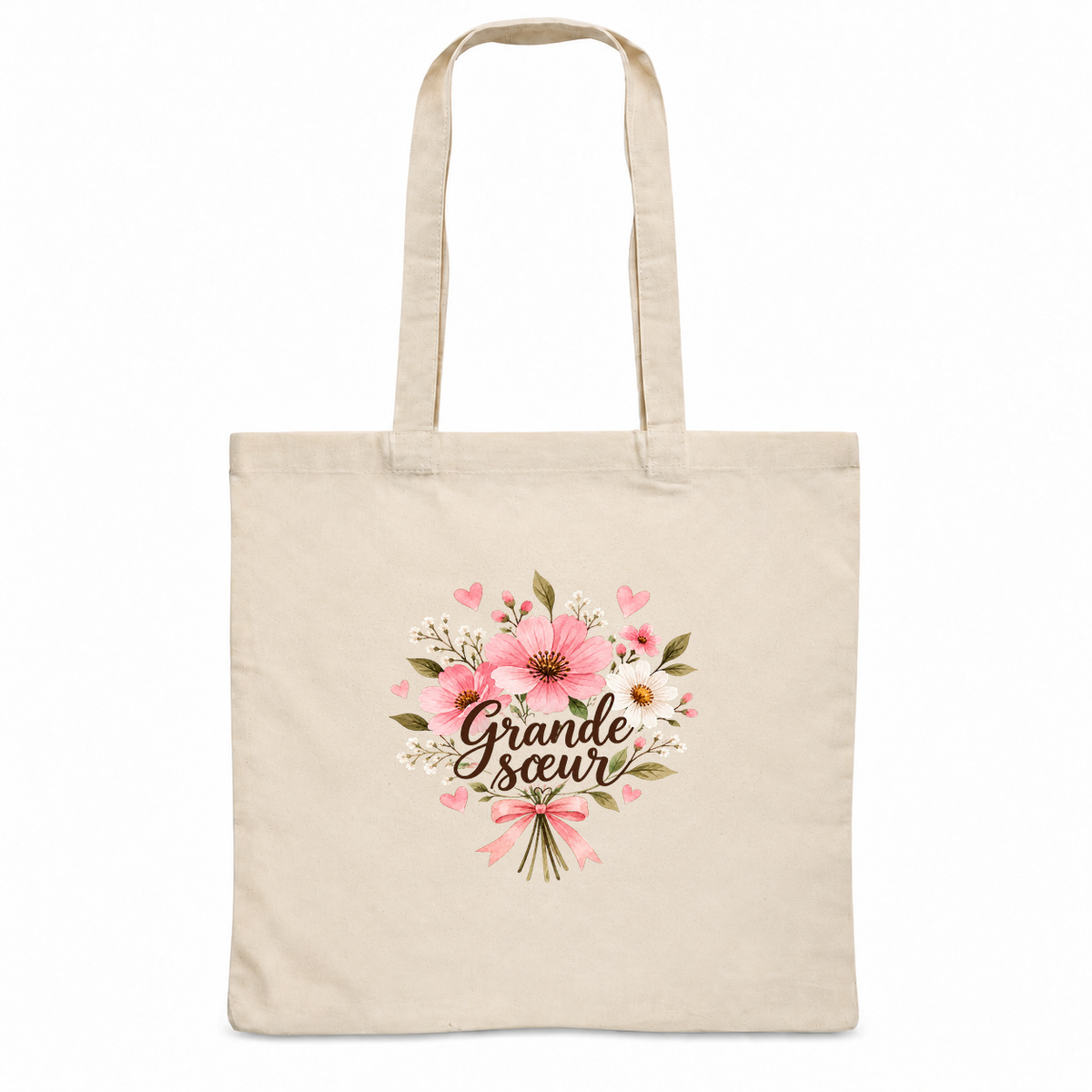 Tote bag grande sœur « Grande sœur » Essentiel, sac plat en coton naturel 140 g/m² de 38 × 42 cm, illustration à l'aquarelle d'un bouquet d'anémones roses et de marguerites