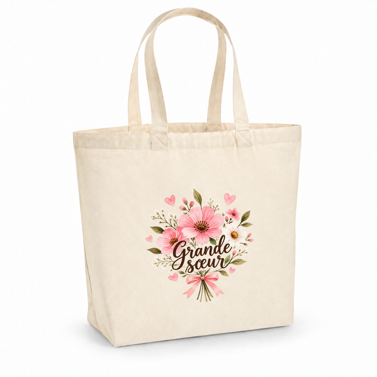 Tote bag grande sœur « Grande sœur » Premium, cabas à soufflet en coton naturel 200 g/m² de 18 litres, illustration à l'aquarelle d'un bouquet d'anémones roses et de marguerites