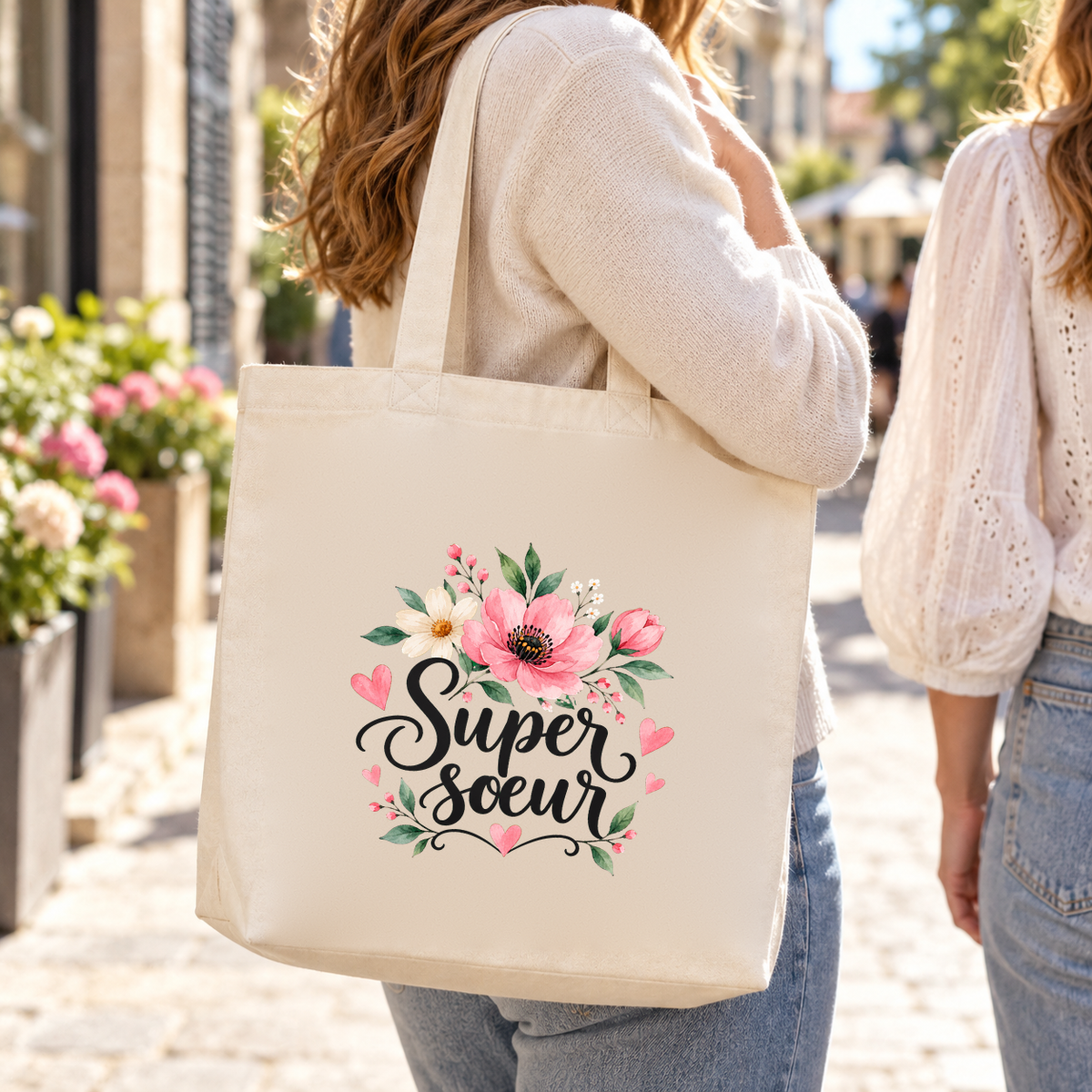 Tote bag sœur « Super sœur » Premium porté à l'épaule dans une rue ensoleillée, lors d'une balade entre sœurs