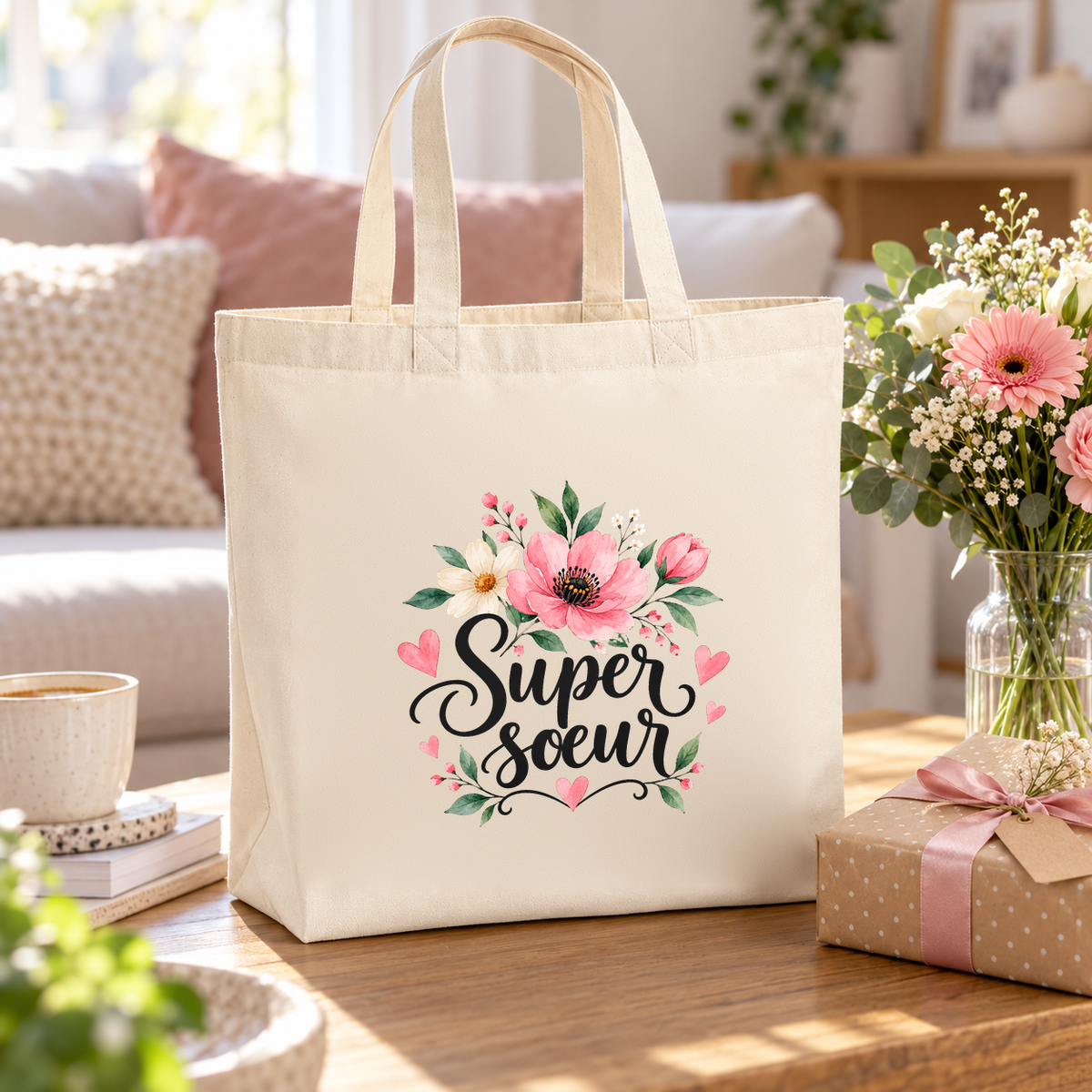 Tote bag sœur « Super sœur » Premium posé sur une table de salon, à côté d'un bouquet de gerberas et d'un cadeau noué de rose