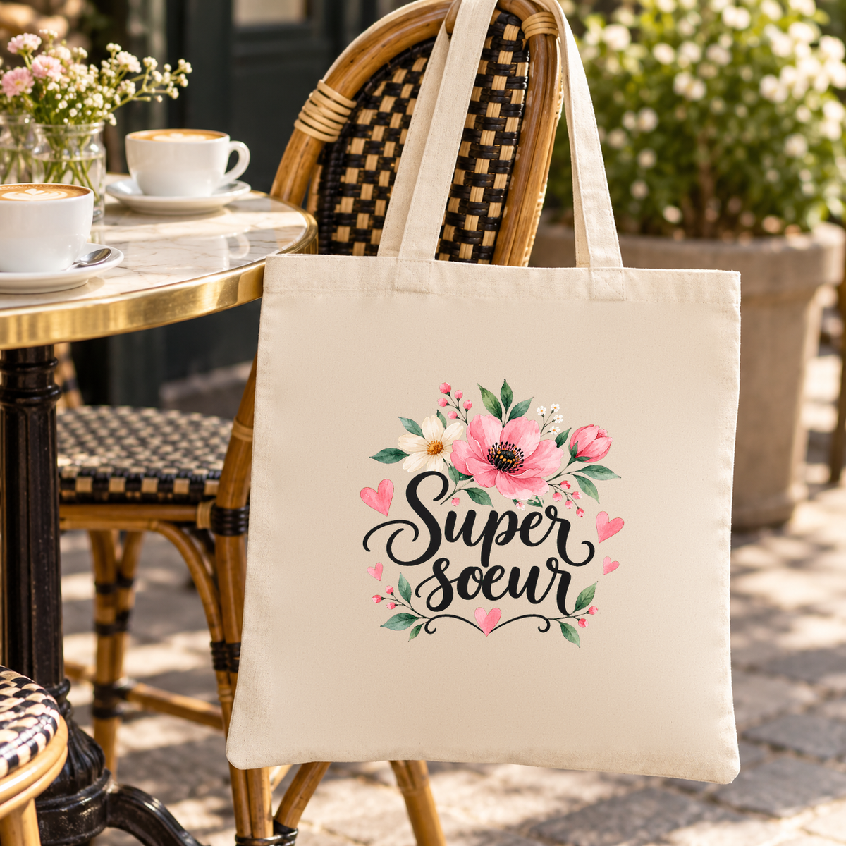 Tote bag sœur « Super sœur » Essentiel suspendu à une chaise de terrasse en rotin, à côté de deux tasses de café
