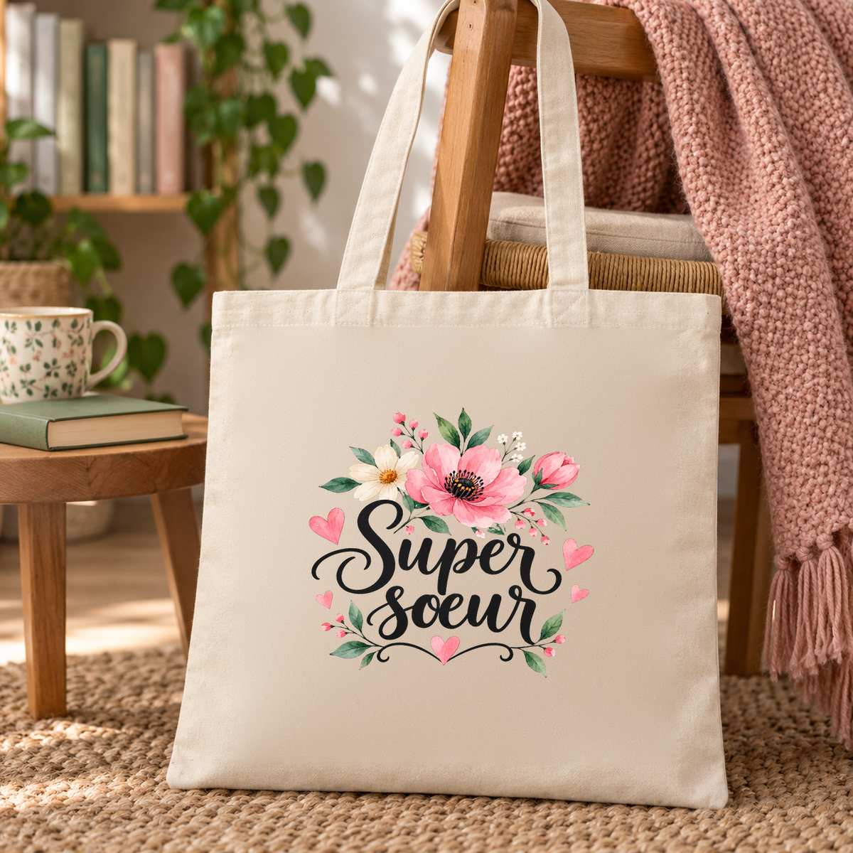 Tote bag sœur « Super sœur » Essentiel posé contre une chaise dans un coin lecture, à côté d'un plaid rose et d'une tasse