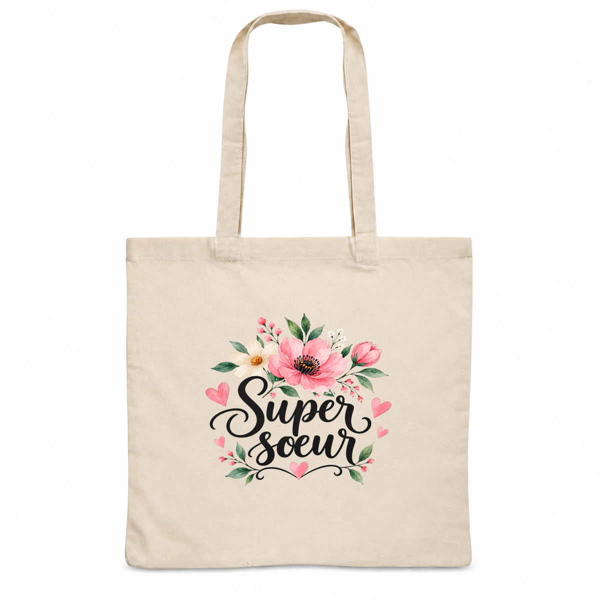Tote bag sœur « Super sœur » Essentiel, sac plat en coton naturel 140 g/m² de 38 × 42 cm, illustration à l'aquarelle d'un bouquet de fleurs roses et de petits cœurs