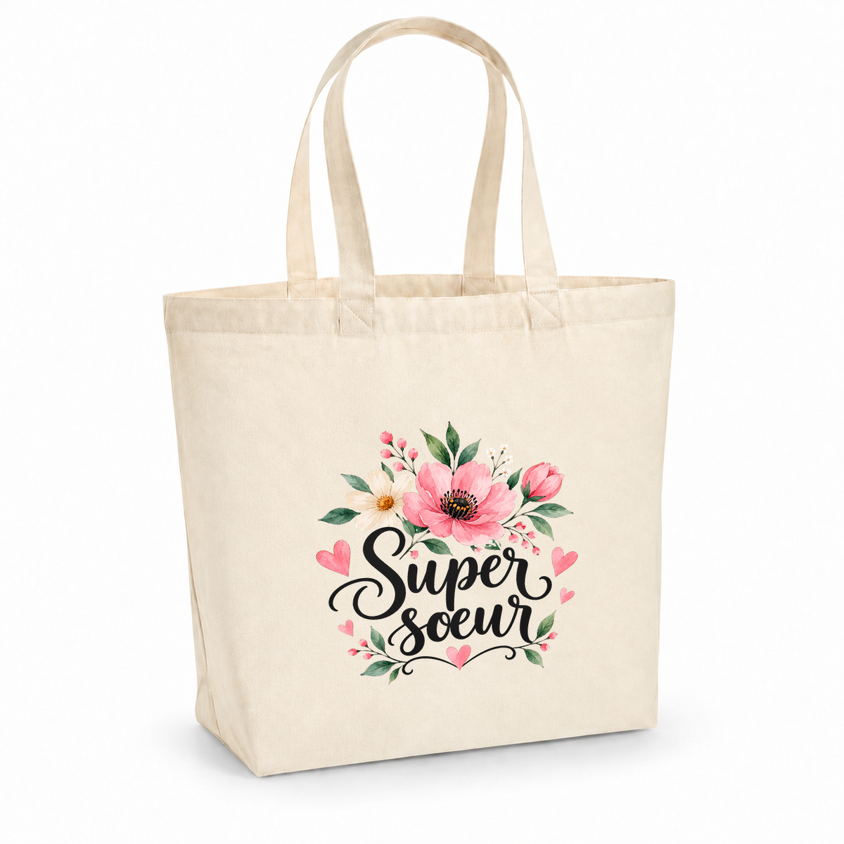 Tote bag sœur « Super sœur » Premium, cabas à soufflet en coton naturel 200 g/m² de 18 litres, illustration à l'aquarelle d'un bouquet de fleurs roses et de petits cœurs