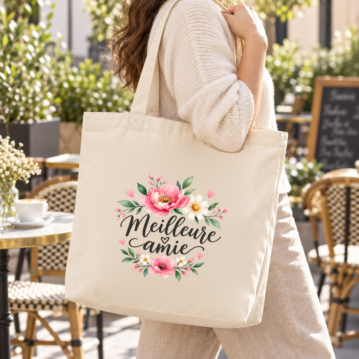 Tote bag meilleure amie « Meilleure amie » Premium porté à l'épaule à la terrasse d'un café