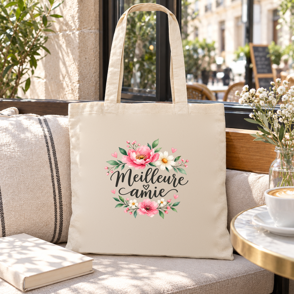 Tote bag meilleure amie « Meilleure amie » Essentiel posé sur une banquette près d'une fenêtre, à côté d'une tasse de café et d'un livre