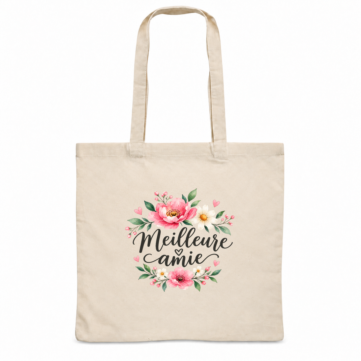 Tote bag meilleure amie « Meilleure amie » Essentiel, sac plat en coton naturel 140 g/m² de 38 × 42 cm, illustration à l'aquarelle de deux bouquets de pivoines roses
