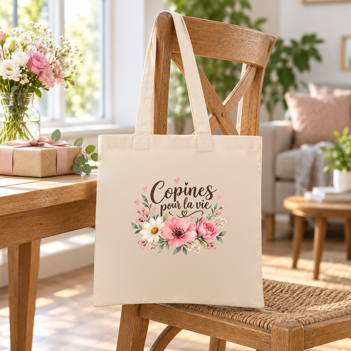 Tote bag amitié « Copines pour la vie » Essentiel suspendu à une chaise en bois dans un salon lumineux, à côté d'un bouquet