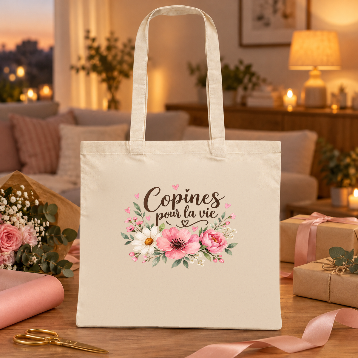 Tote bag amitié « Copines pour la vie » Essentiel posé sur une table de salon à la lumière du soir, à côté d'un cadeau emballé