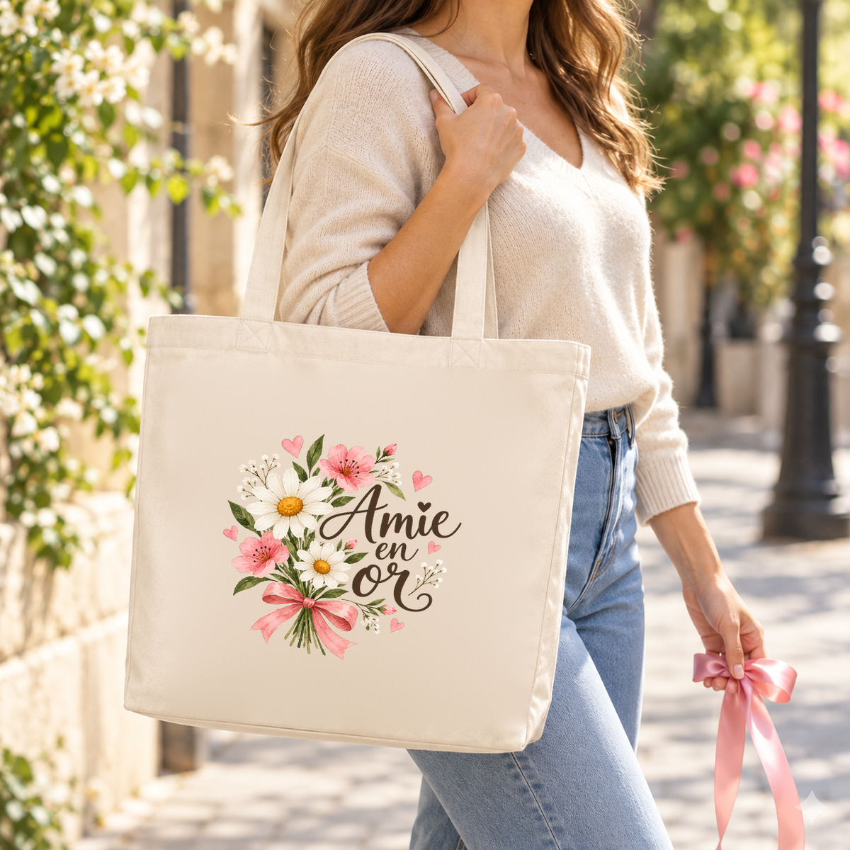 Tote bag amie « Amie en or » Premium porté à l'épaule dans une rue ensoleillée, un ruban à la main