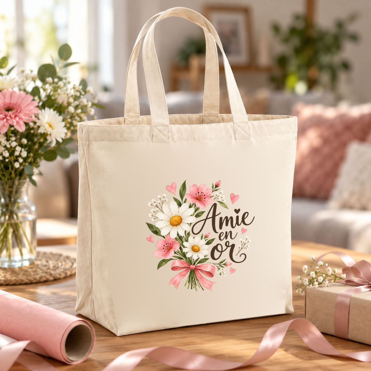 Tote bag amie « Amie en or » Premium posé sur une table entre papier cadeau et rubans
