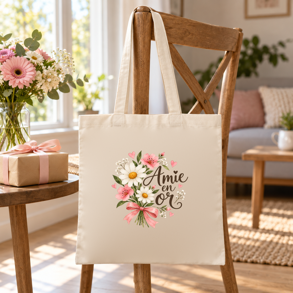 Tote bag amie « Amie en or » Essentiel suspendu à une chaise, à côté d'un cadeau et d'un bouquet