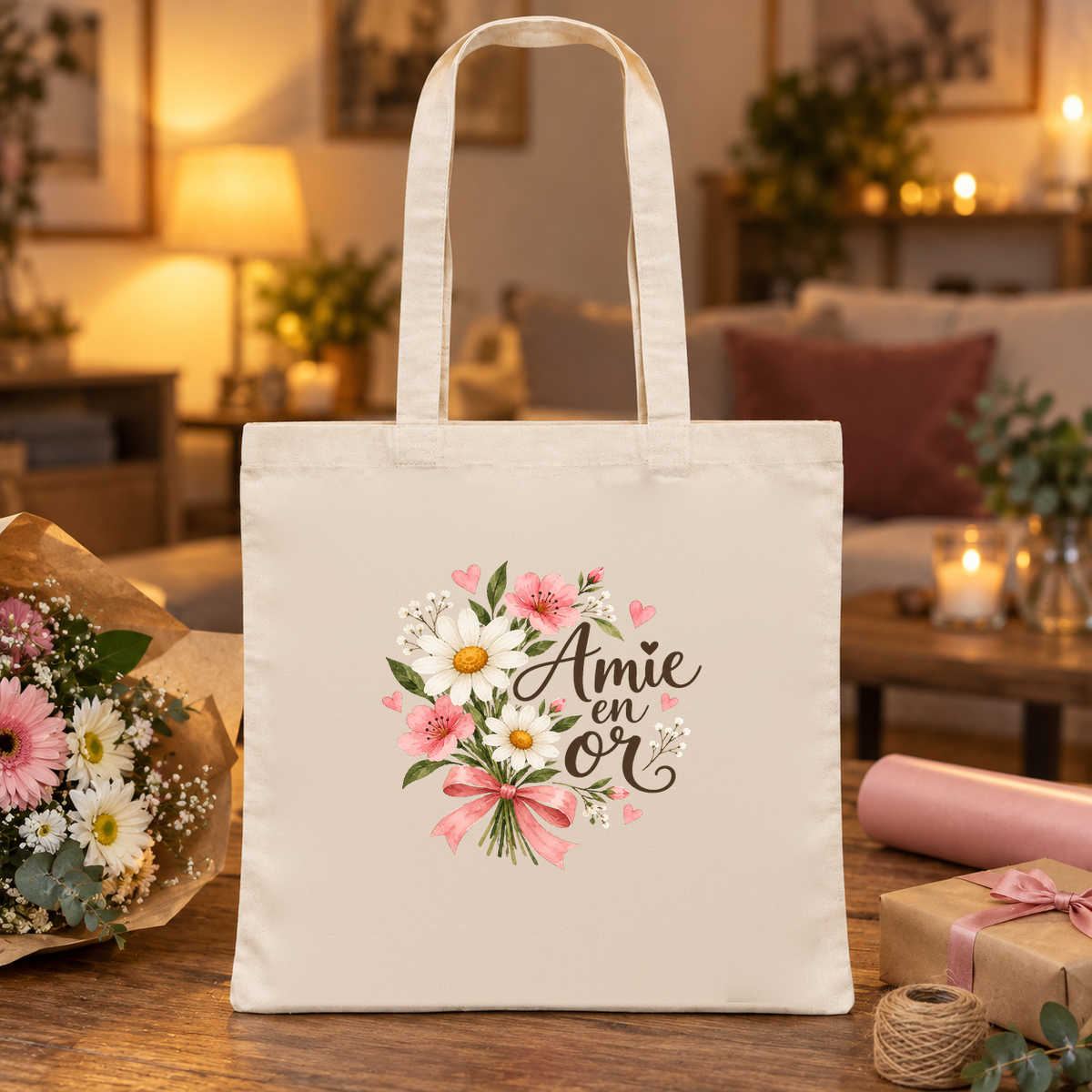 Tote bag amie « Amie en or » Essentiel posé sur une table à côté de cadeaux, à la lueur d'une lampe