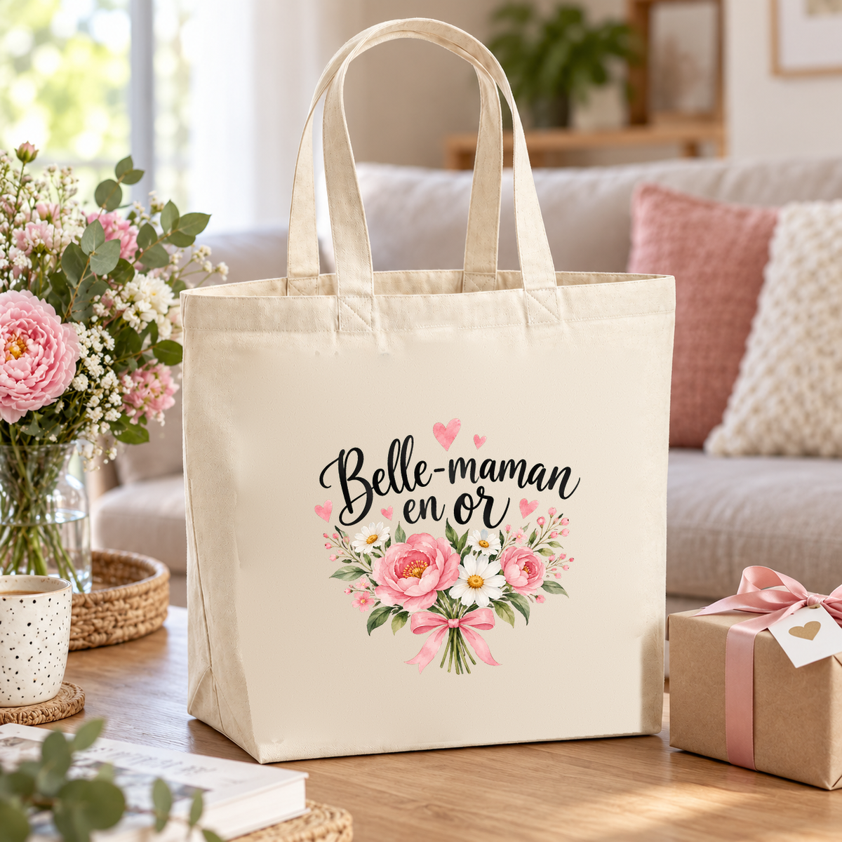 Tote bag belle-maman « Belle-maman en or » Premium posé sur une table de salon, à côté d'un bouquet de pivoines et d'un cadeau noué de rose