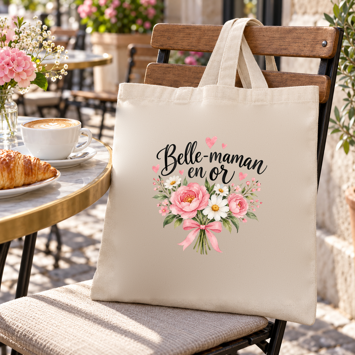 Tote bag belle-maman « Belle-maman en or » Essentiel suspendu à une chaise de terrasse, à côté d'un café et d'un croissant