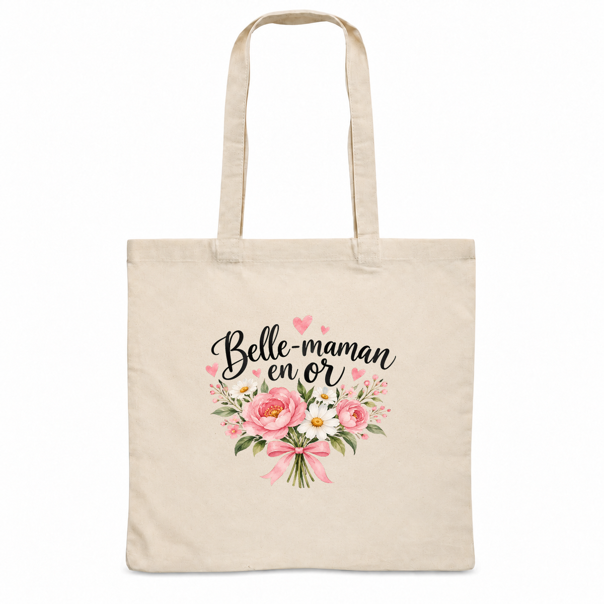 Tote bag belle-maman « Belle-maman en or » Essentiel, sac plat en coton naturel 140 g/m² de 38 × 42 cm, illustration à l'aquarelle d'un bouquet de pivoines roses et de marguerites