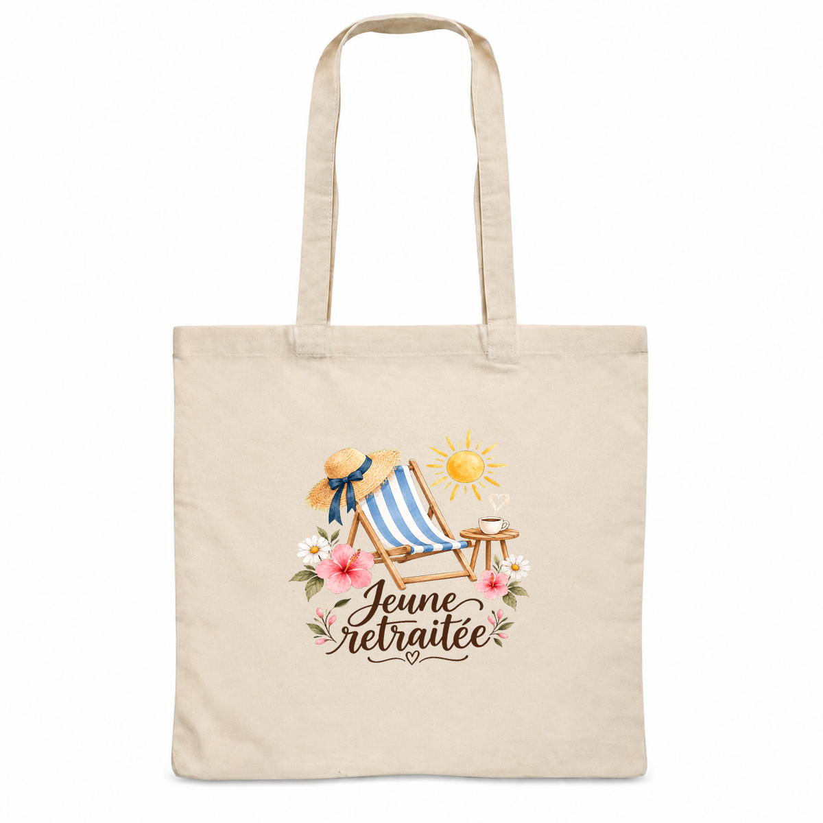 Tote bag retraite « Jeune retraitée » Essentiel, sac plat en coton naturel 140 g/m² de 38 × 42 cm, illustration à l'aquarelle d'un transat rayé, d'un chapeau de paille et d'un grand soleil