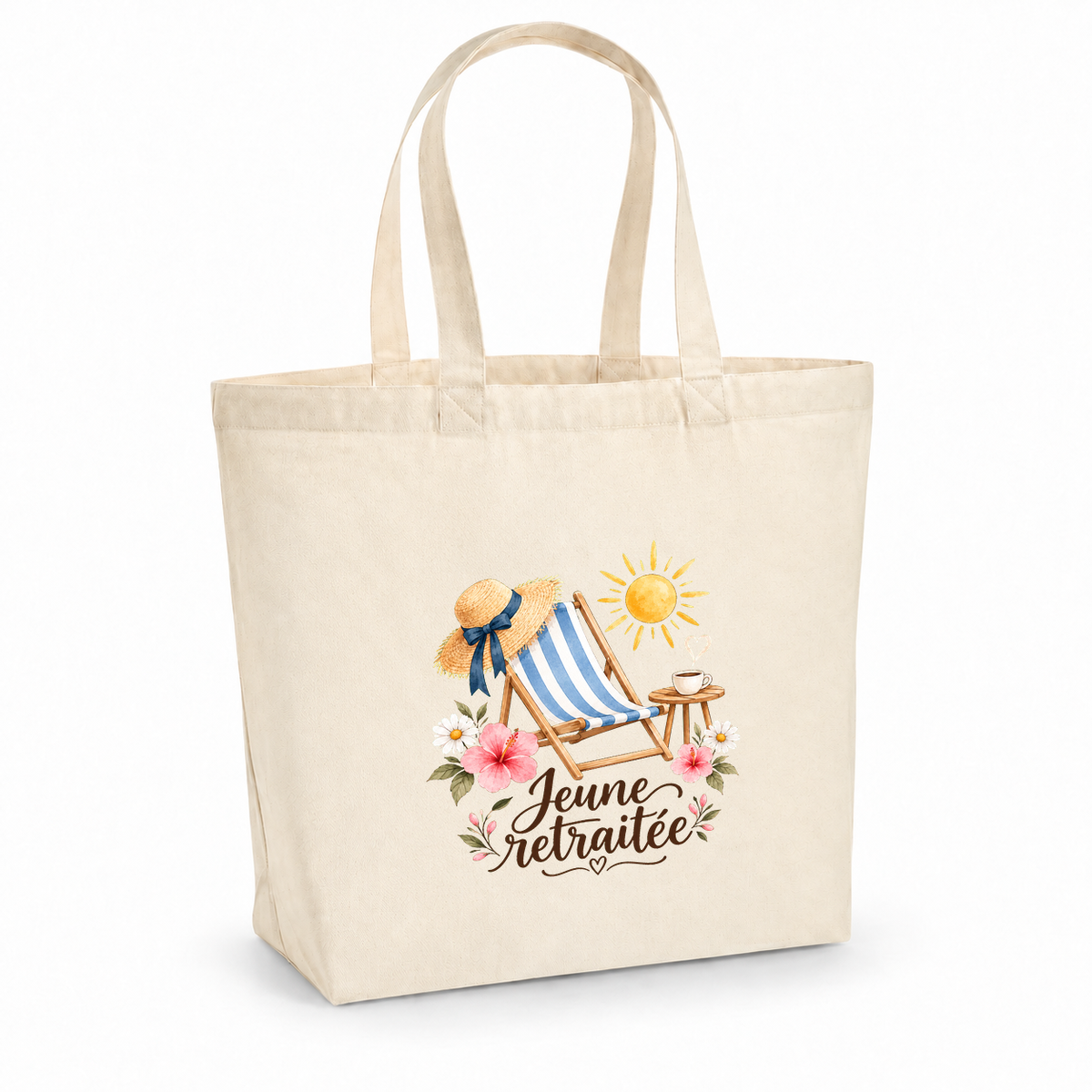 Tote bag retraite « Jeune retraitée » Premium, cabas à soufflet en coton naturel 200 g/m² de 18 litres, illustration à l'aquarelle d'un transat rayé, d'un chapeau de paille et d'un grand soleil