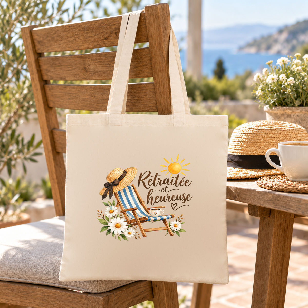 Tote bag retraite « Retraitée et heureuse » Essentiel suspendu à une chaise de terrasse face à la mer