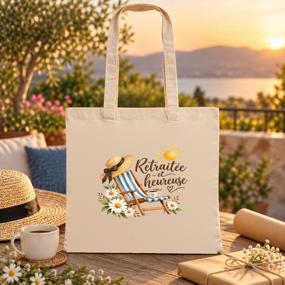 Tote bag retraite « Retraitée et heureuse » Essentiel posé sur une table de terrasse au coucher du soleil, face à la mer