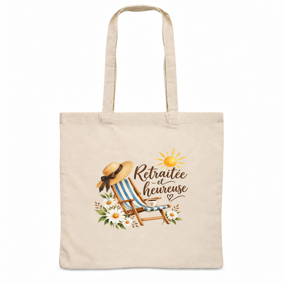 Tote bag retraite « Retraitée et heureuse » Essentiel, sac plat en coton naturel 140 g/m² de 38 × 42 cm, illustration à l'aquarelle d'un transat, d'un chapeau de paille et d'un soleil