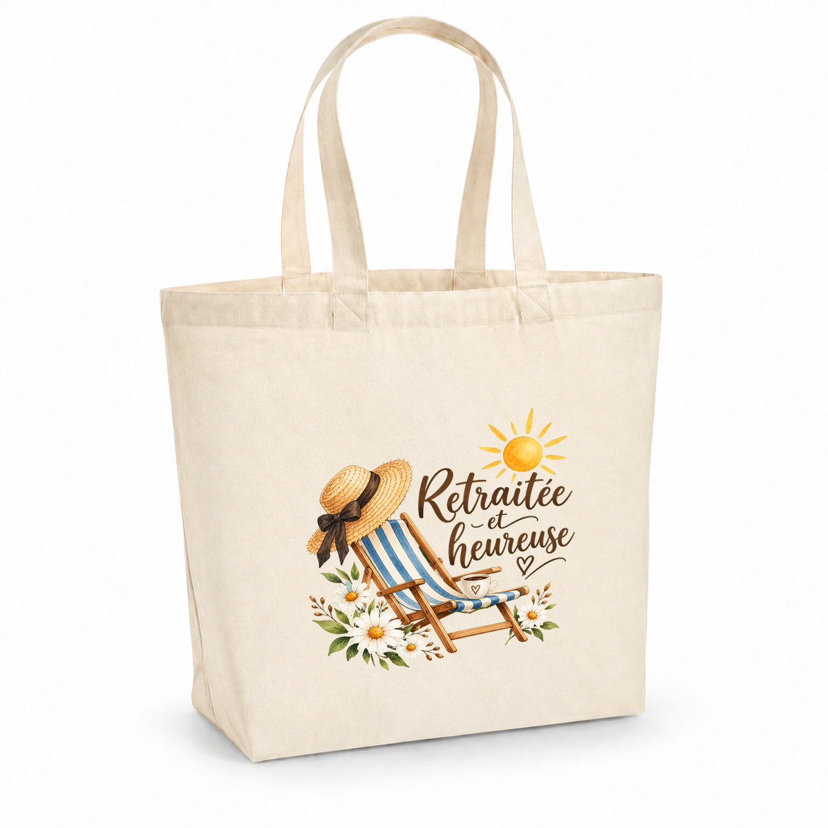 Tote bag retraite « Retraitée et heureuse » Premium, cabas à soufflet en coton naturel 200 g/m² de 18 litres, illustration à l'aquarelle d'un transat, d'un chapeau de paille et d'un soleil