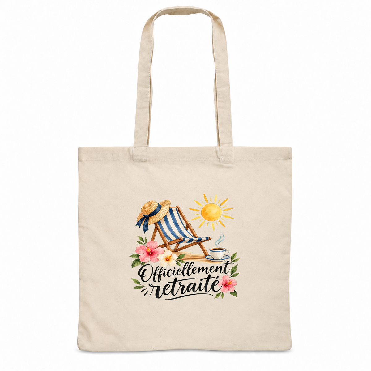 Tote bag retraite « Officiellement retraité » Essentiel, sac plat en coton naturel 140 g/m² de 38 × 42 cm, illustration à l'aquarelle d'un transat rayé, d'un chapeau de paille et d'un grand soleil