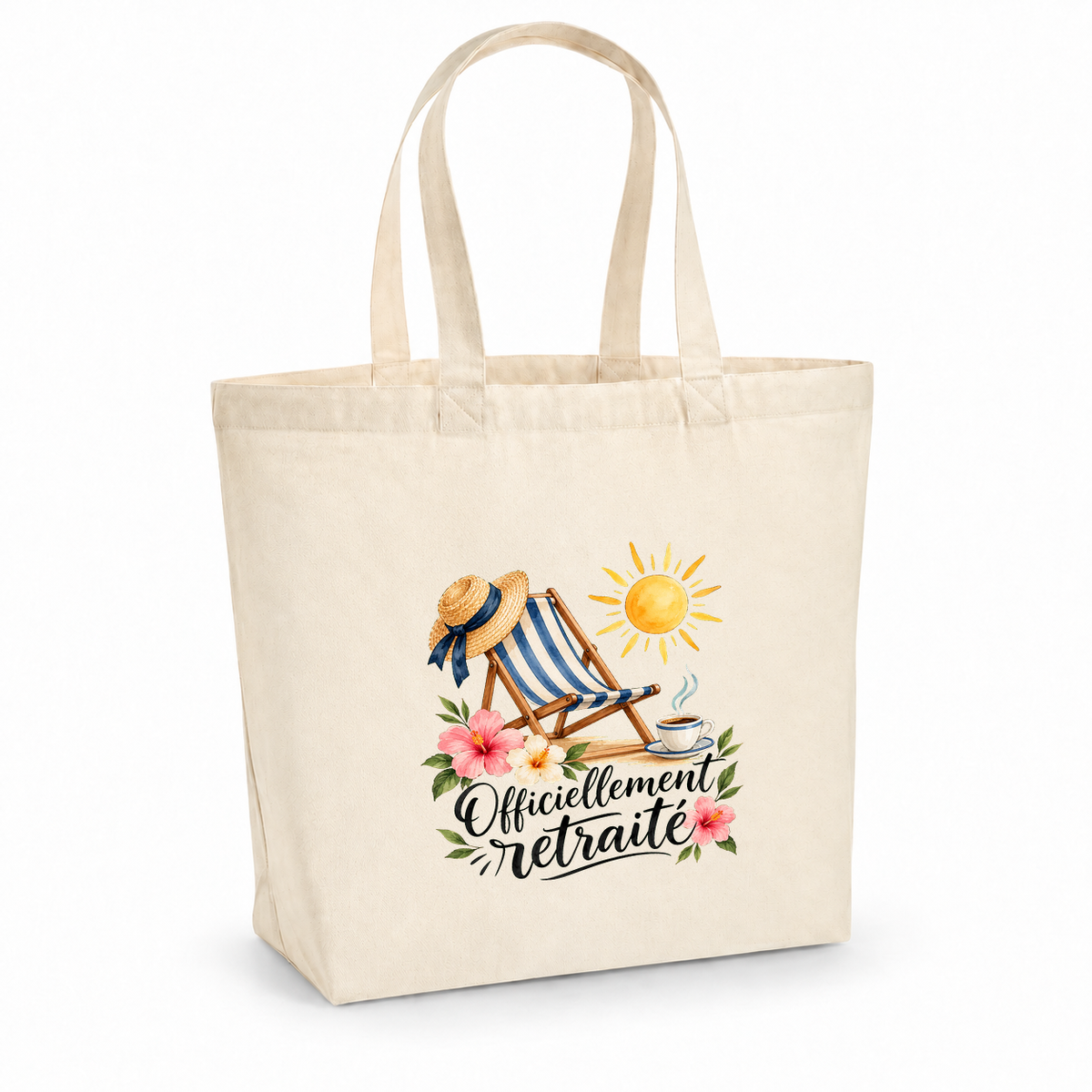 Tote bag retraite « Officiellement retraité » Premium, cabas à soufflet en coton naturel 200 g/m² de 18 litres, illustration à l'aquarelle d'un transat rayé, d'un chapeau de paille et d'un grand soleil