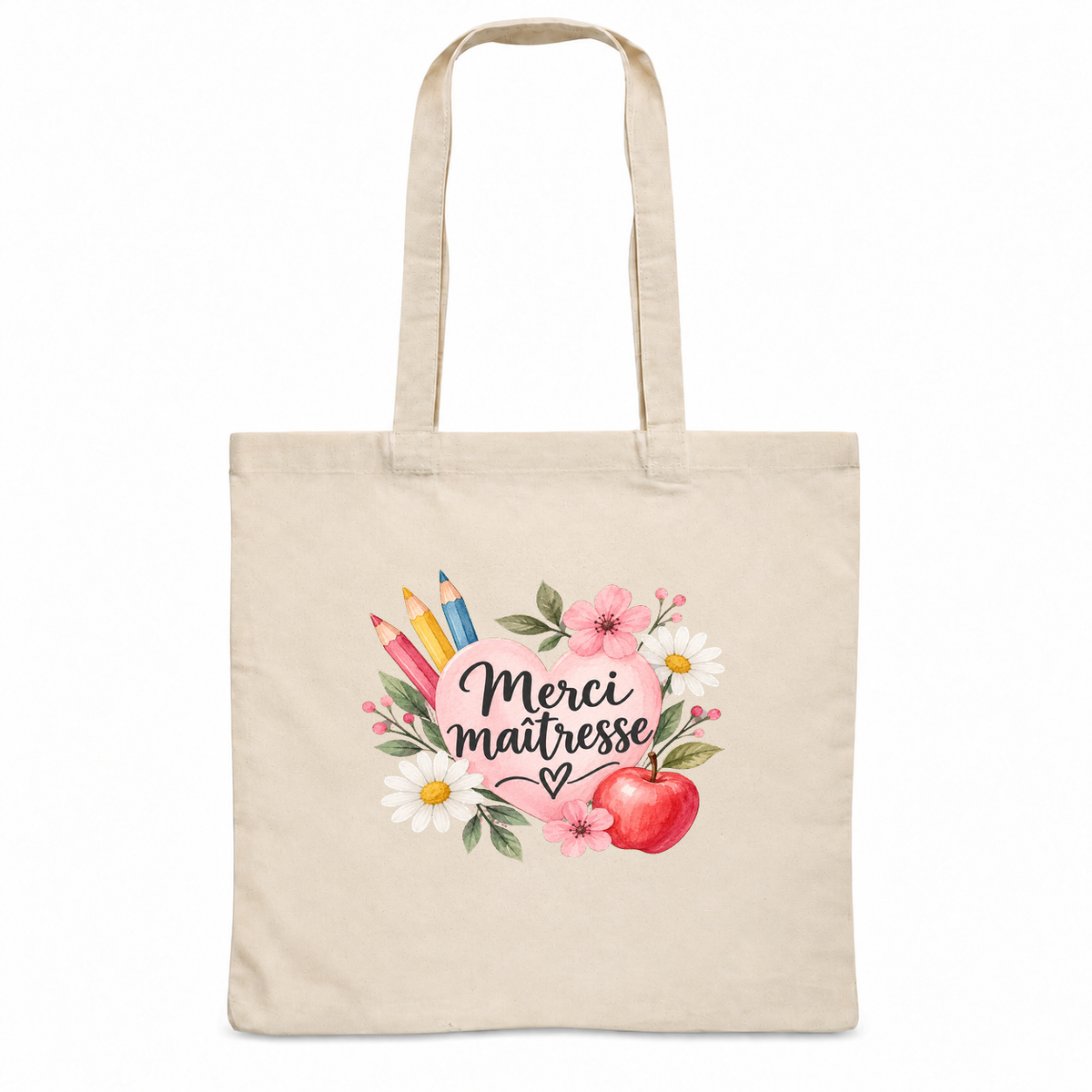 Tote bag maîtresse « Merci maîtresse » Essentiel, sac plat en coton naturel 140 g/m² de 38 × 42 cm, illustration à l'aquarelle d'un cœur rose, de crayons de couleur et d'une pomme