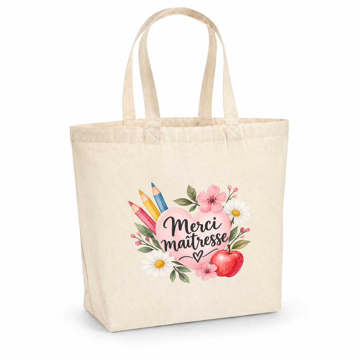 Tote bag maîtresse « Merci maîtresse » Premium, cabas à soufflet en coton naturel 200 g/m² de 18 litres, illustration à l'aquarelle d'un cœur rose, de crayons de couleur et d'une pomme