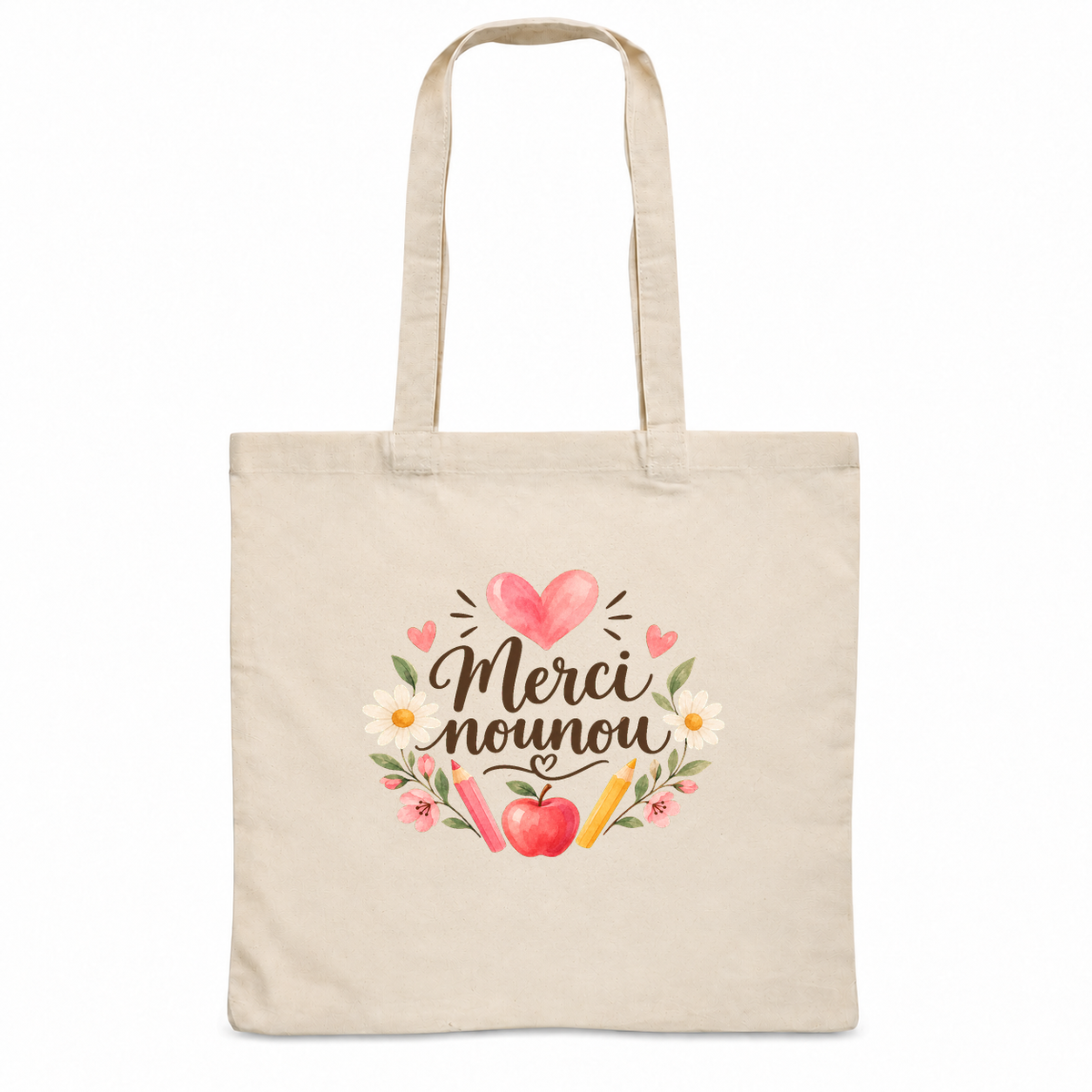 Tote bag nounou « Merci nounou » Essentiel, sac plat en coton naturel 140 g/m² de 38 × 42 cm, illustration à l'aquarelle d'un grand cœur rose, de crayons de couleur et d'une pomme