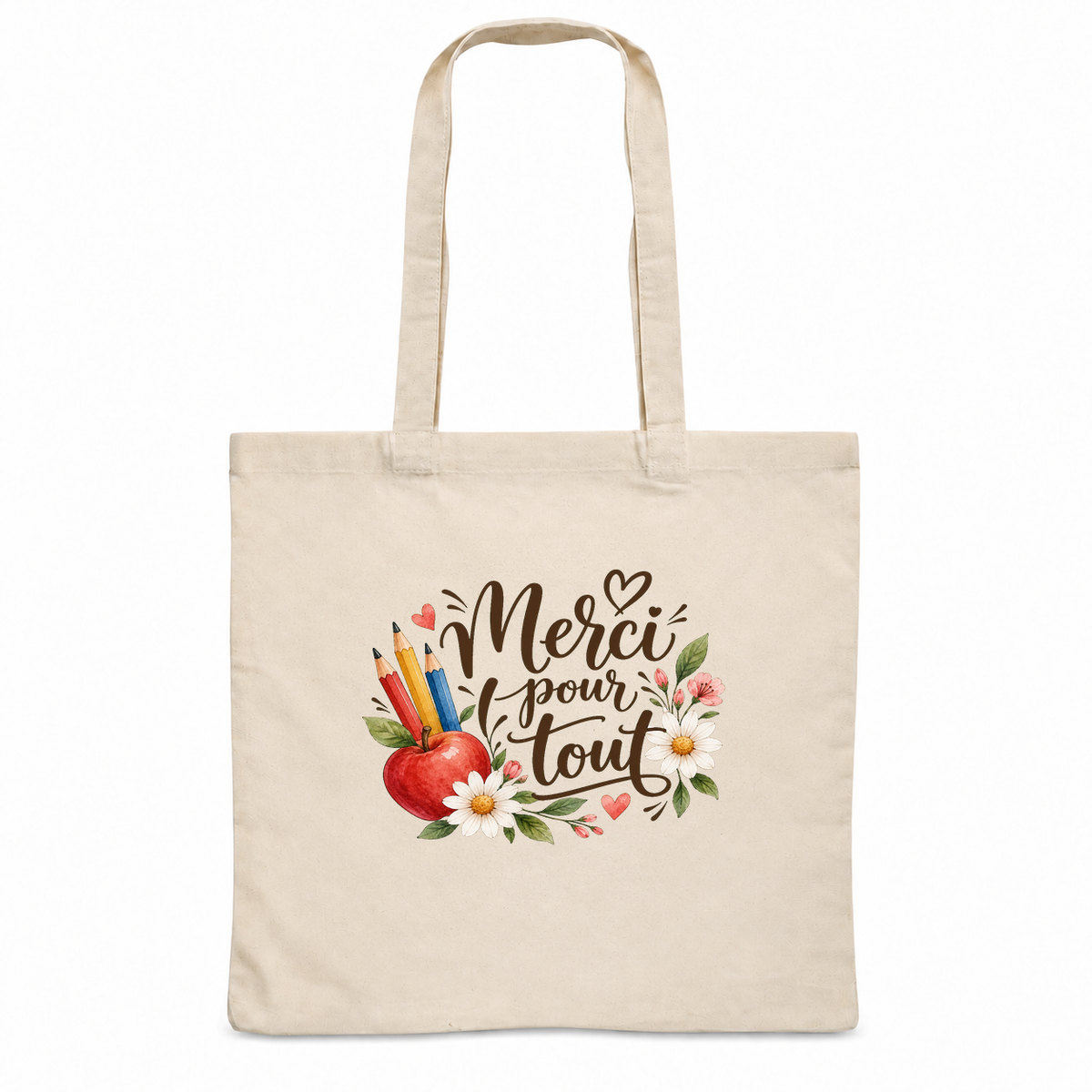 Tote bag maîtresse « Merci pour tout » Essentiel, sac plat en coton naturel 140 g/m² de 38 × 42 cm, illustration à l'aquarelle d'une pomme, de crayons de couleur et de fleurs