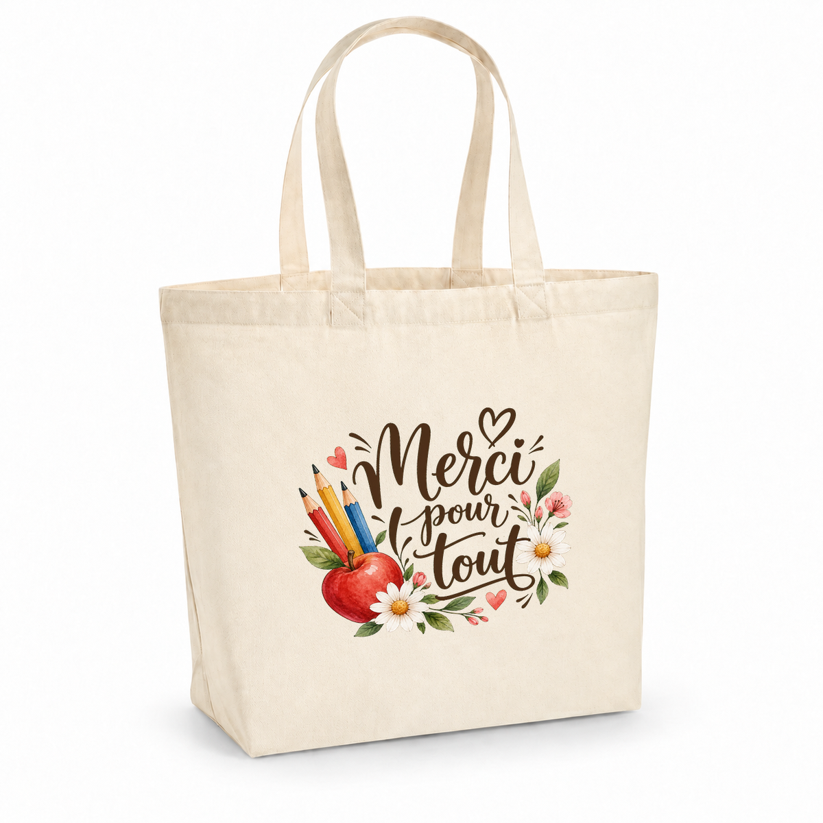 Tote bag maîtresse « Merci pour tout » Premium, cabas à soufflet en coton naturel 200 g/m² de 18 litres, illustration à l'aquarelle d'une pomme, de crayons de couleur et de fleurs