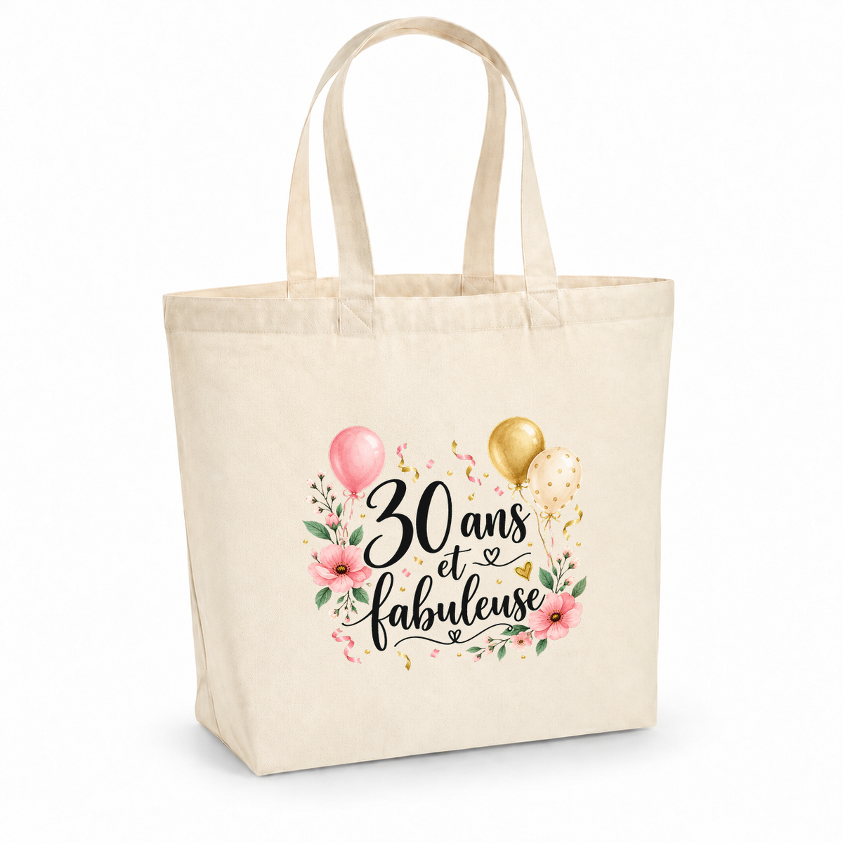 Tote bag anniversaire « 30 ans et fabuleuse » Premium, cabas à soufflet en coton naturel 200 g/m² de 18 litres, illustration à l'aquarelle de ballons roses et dorés, de confettis et de fleurs